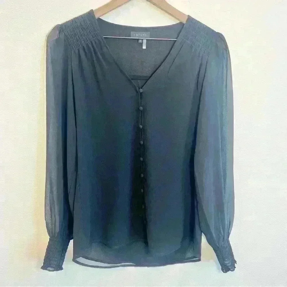 NWT 1. State Women’s Smocked Detail Button Up Blouse in Black Size X-Small - Picture 2 of 12